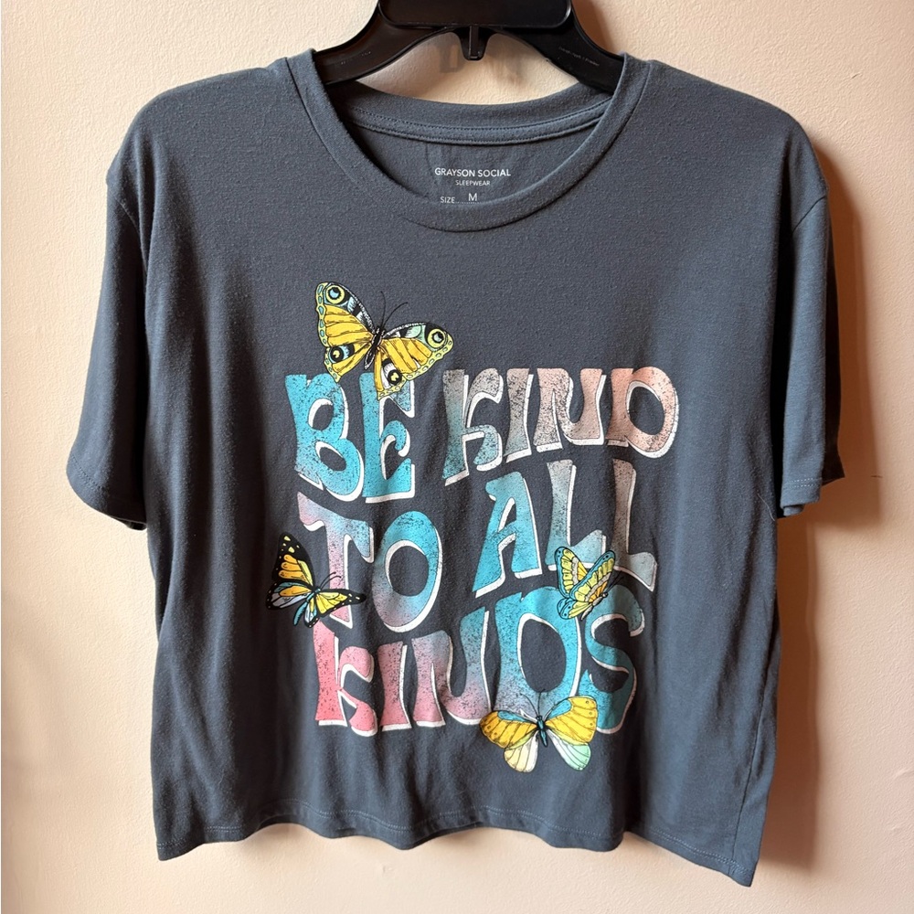 “Be Kind to All Kinds Graphic Semi Crop Top with Butterfly Design